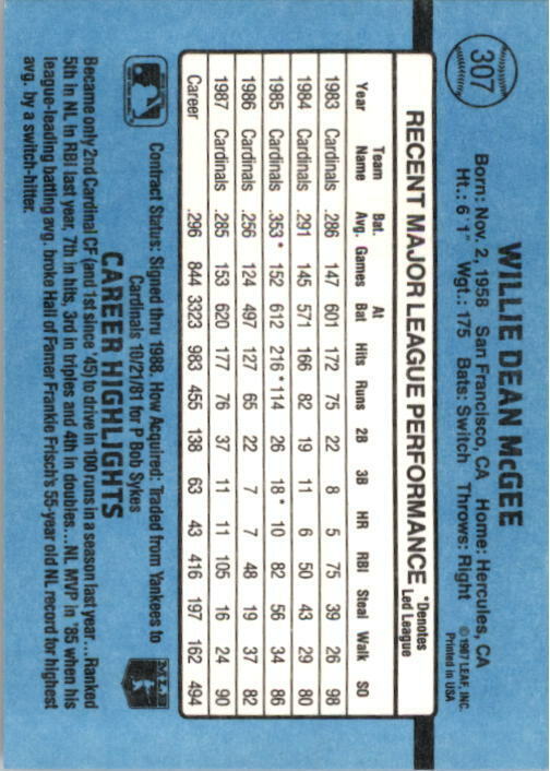 1988 Willie McGee Donruss Baseball Card #307