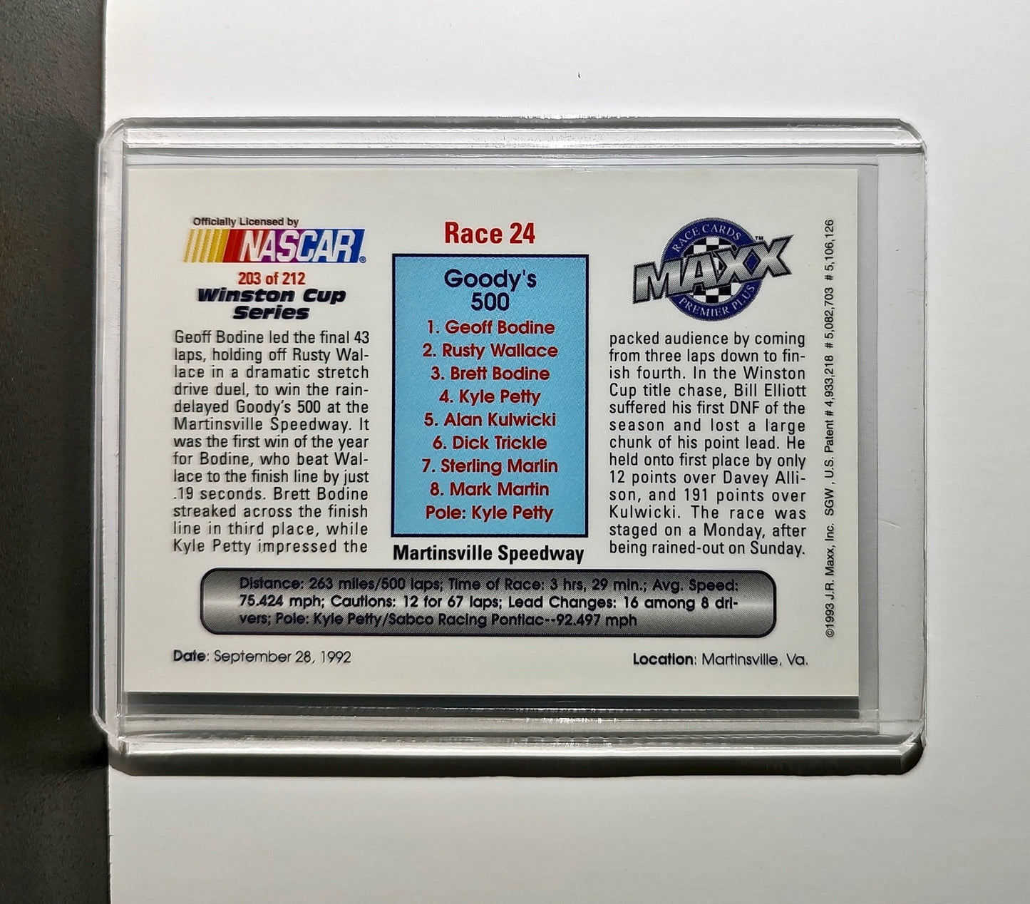 Race 24 Martinsville YR 1993 Maxx Premier Plus Racing #203 NASCAR Card