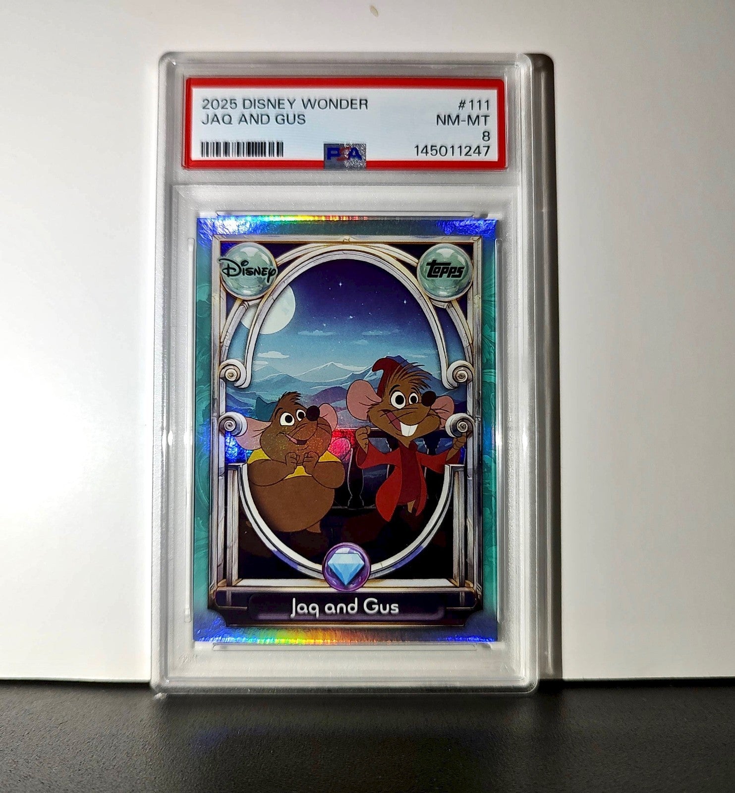 Jaq and Gus 2025 Topps Disney Wonder #111 Diamond Card Cinderella PSA 8
