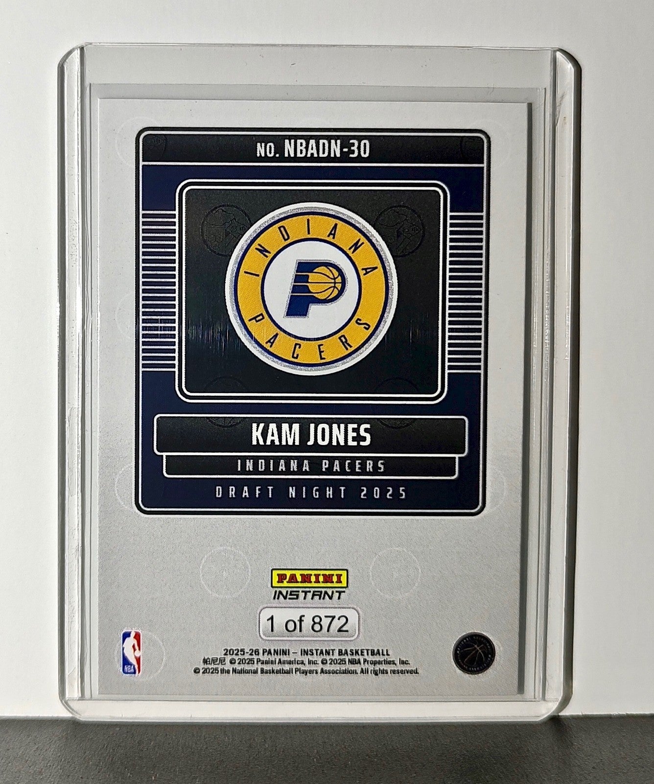 Kam Jones Rookie 2025-26 Panini NBA #30 Draft Night Card Indiana Pacers
