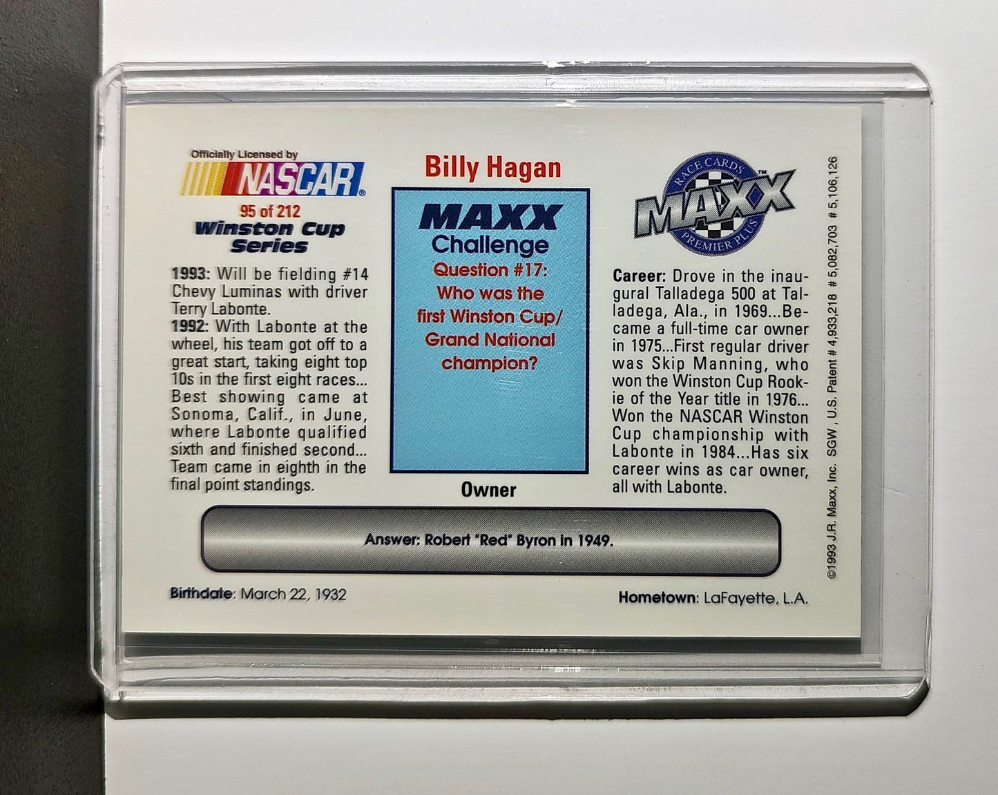Billy Hagan 1993 Maxx Premier Plus Racing #95 NASCAR Card Hagan Enterprises