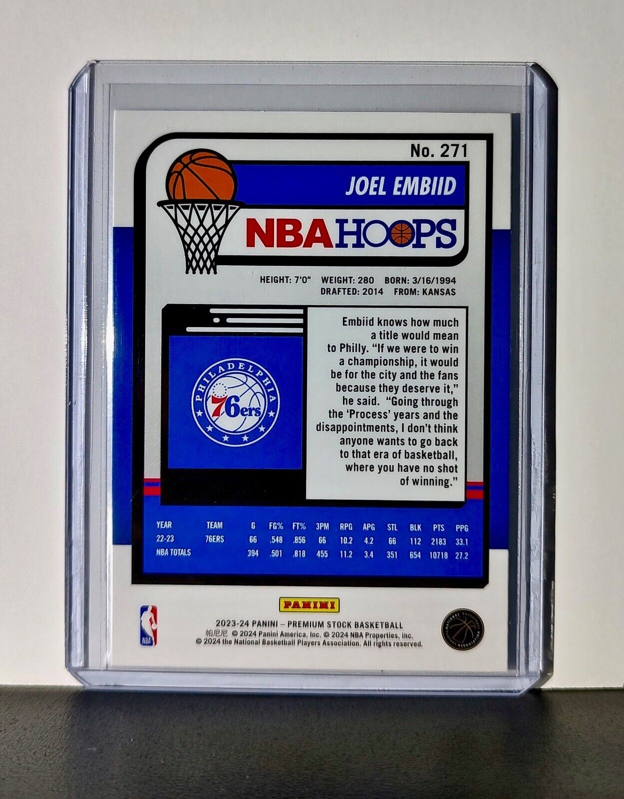 Joel Embiid 2023-24 Panini Premium Stock NBA Hoops #271 Card Philadelphia 76ers