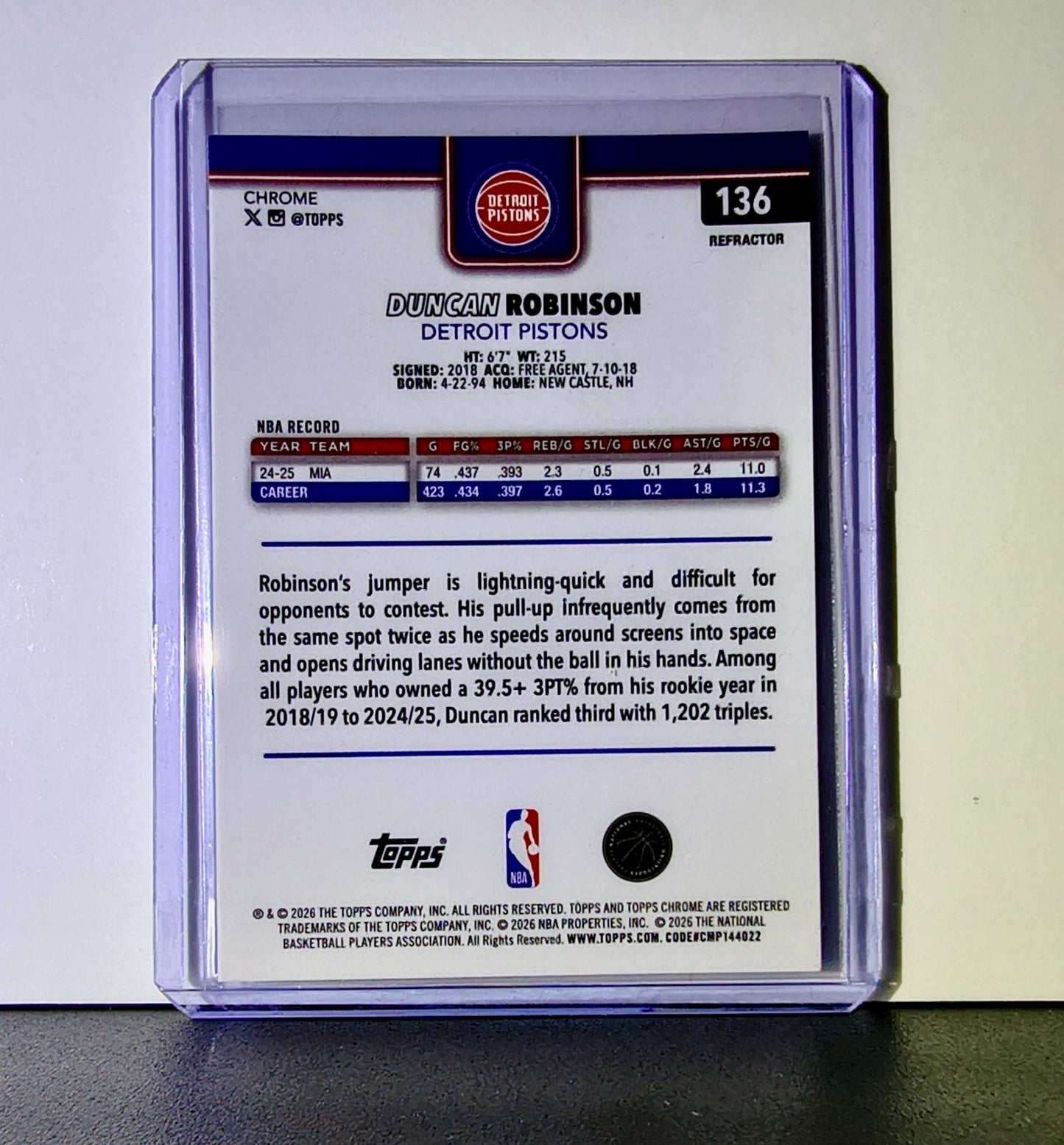 Duncan Robinson 2025-26 NBA Topps Chrome Update Refractor #136 Card Pistons
