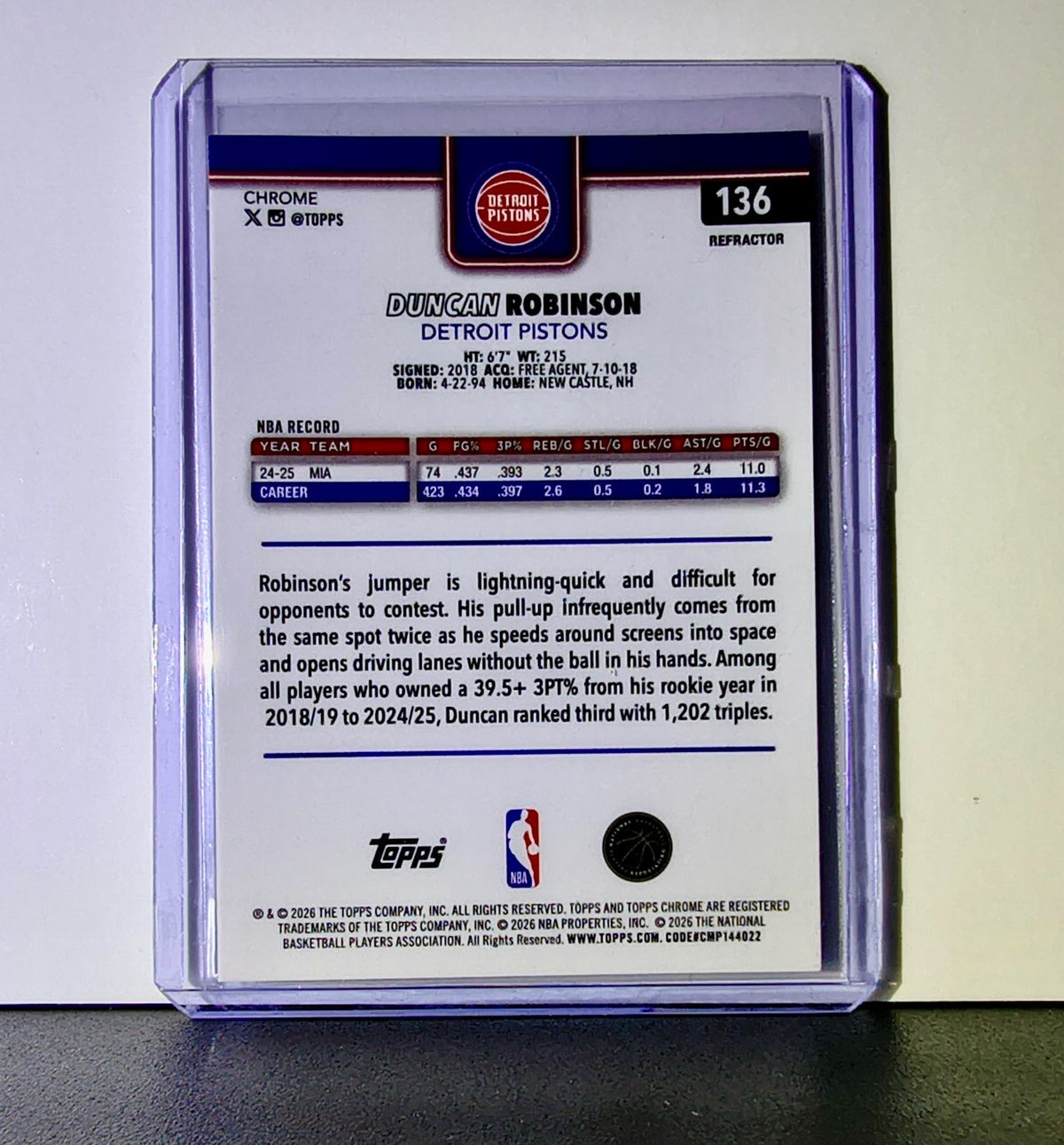 Duncan Robinson 2025-26 NBA Topps Chrome Update Refractor #136 Card Pistons