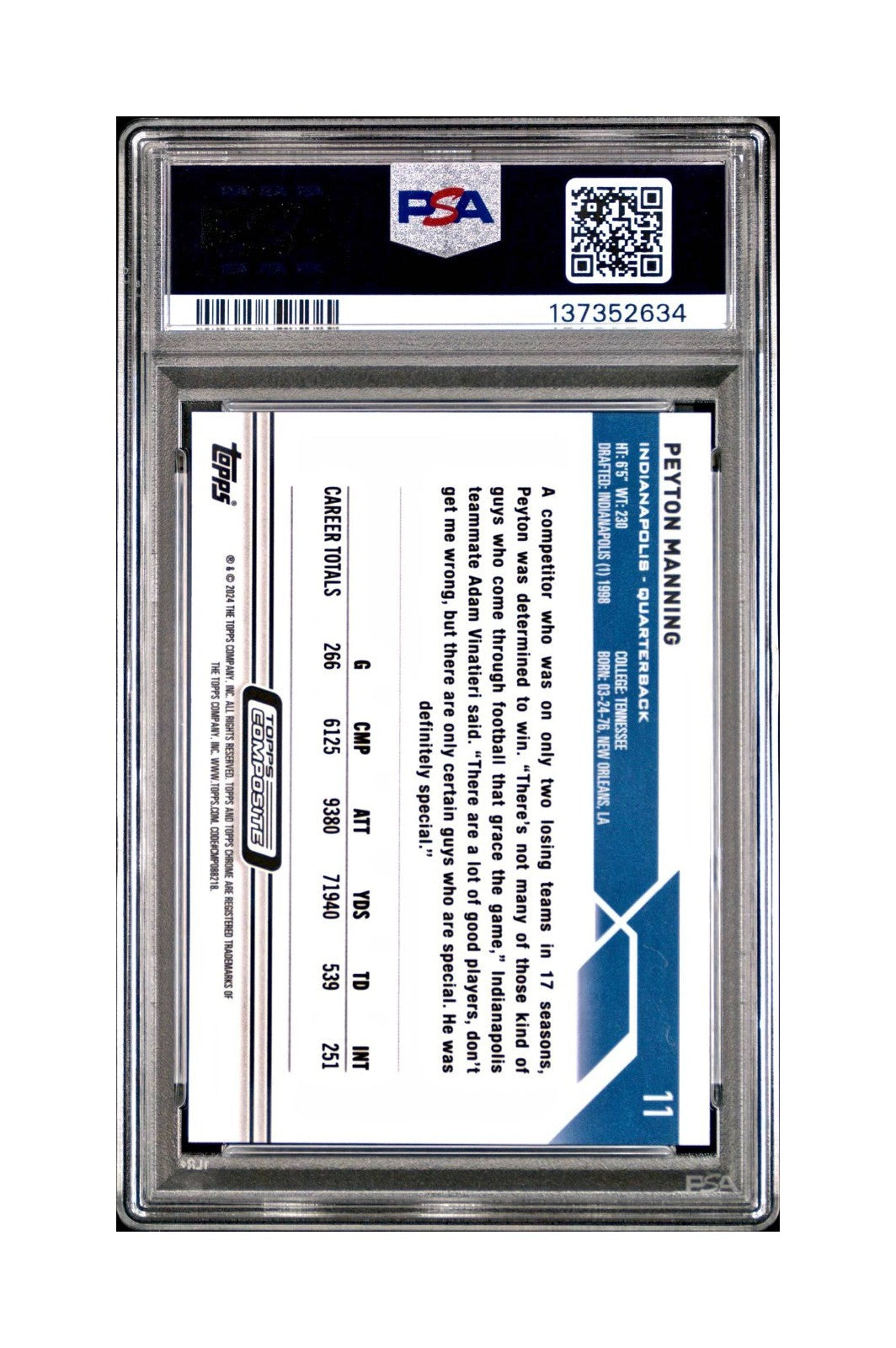 Peyton Manning 2023 Topps #11 057/199 Aqua Refractor PSA 9 Mint