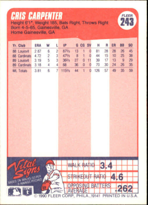 1990 Cris Carpenter Fleer Baseball Card #243