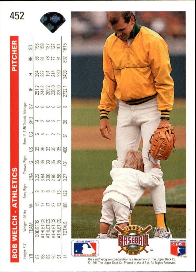 Bob Welch 1992 Upper Deck MLB #452 Baseball Card Oakland Athletics