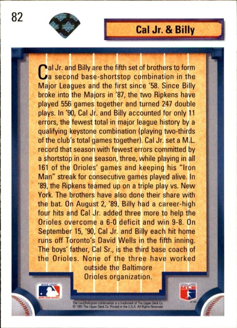 Ripken Brothers 1992 Upper Deck MLB #82 Baseball Card Baltimore Orioles