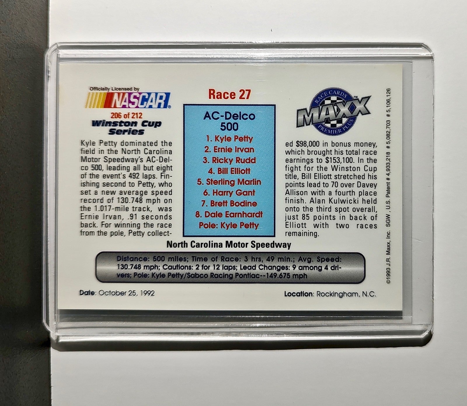 Race 27 Rockingham YR 1993 Maxx Premier Plus Racing #206 NASCAR SABCO Racing