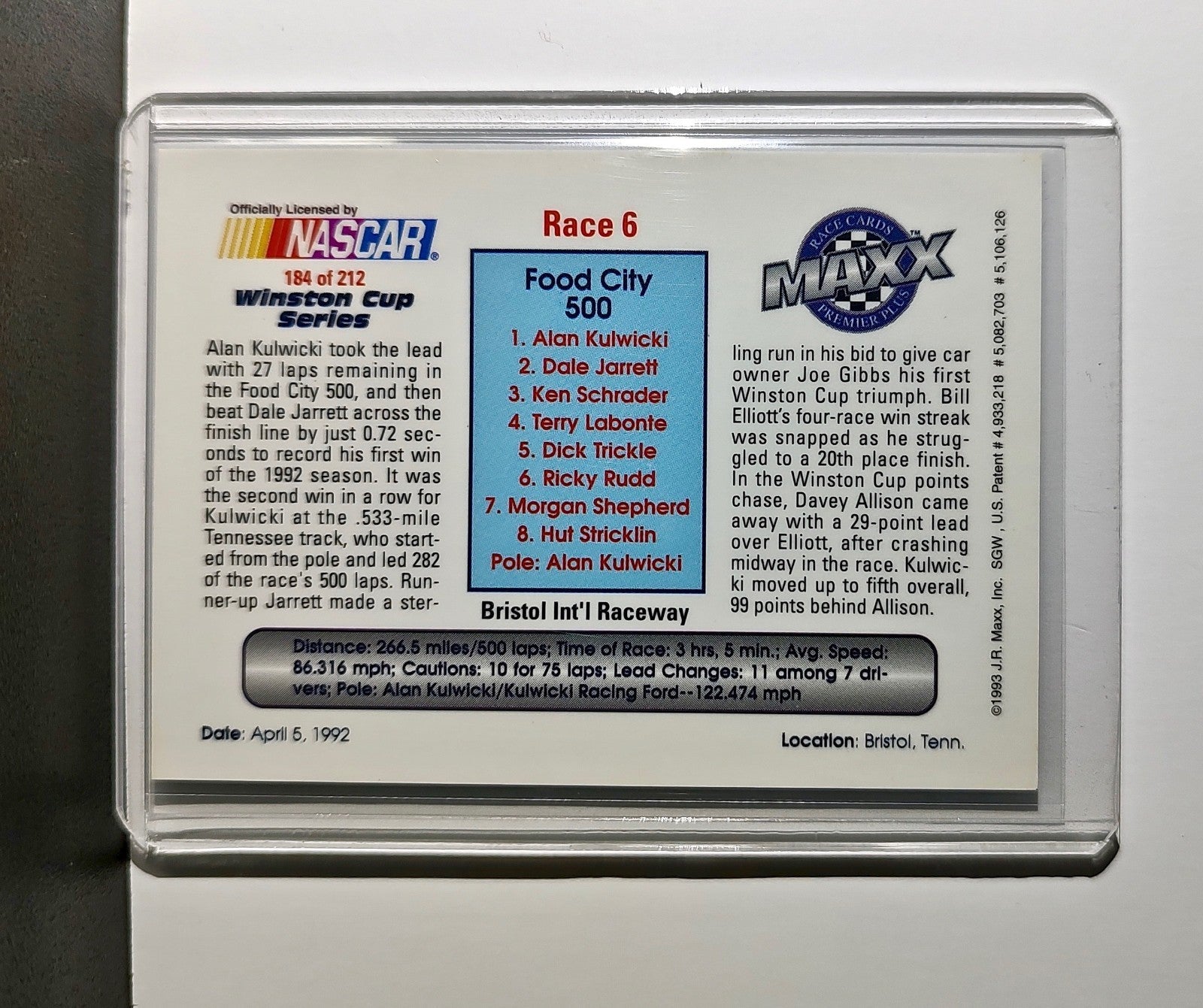 Race 6 Bristol YR 1993 Maxx Premier Plus Racing #184 NASCAR Card AK Racing