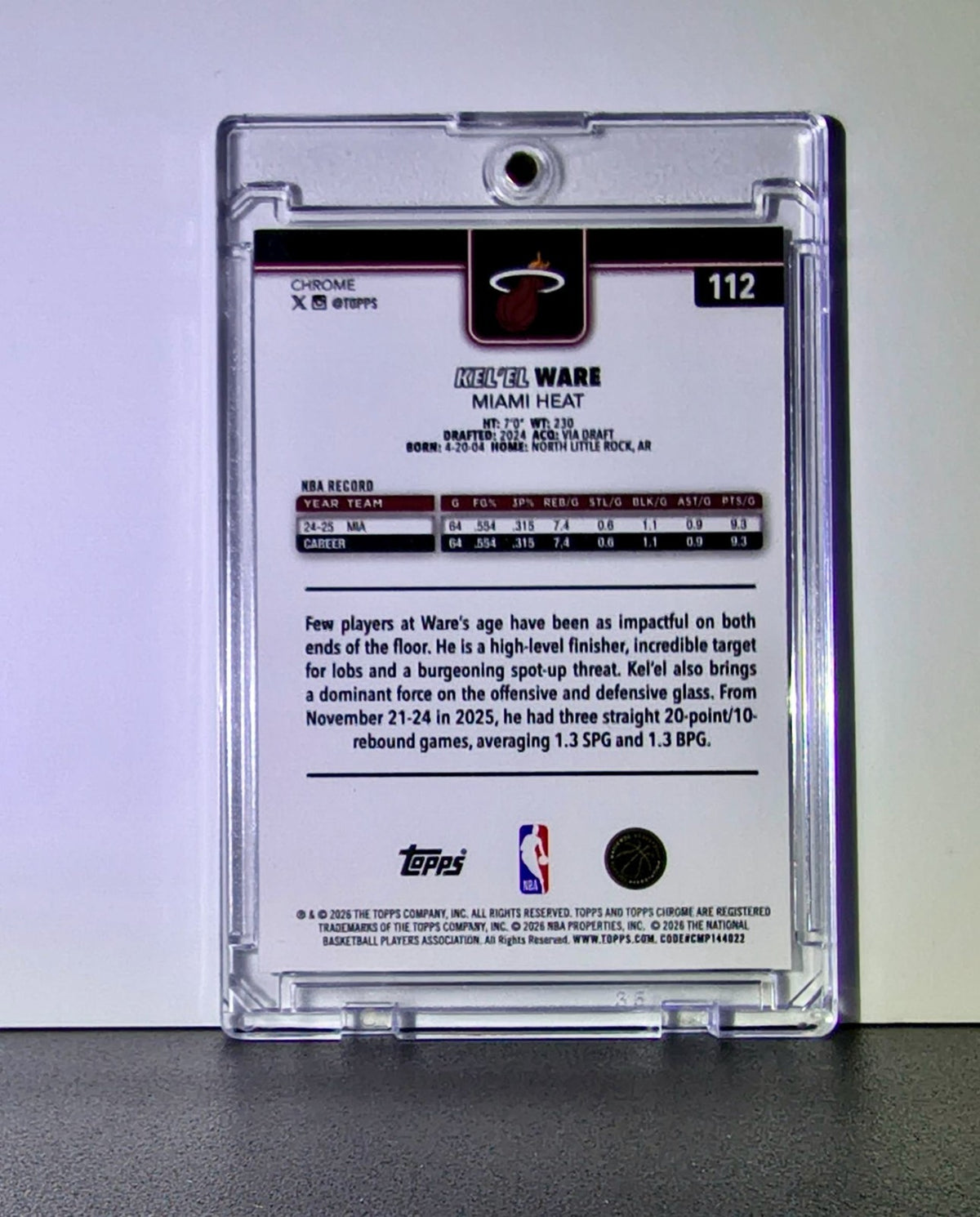 Kel’el Ware 2025-26 NBA Topps Chrome Update #112 Negative Refractor Card Heat