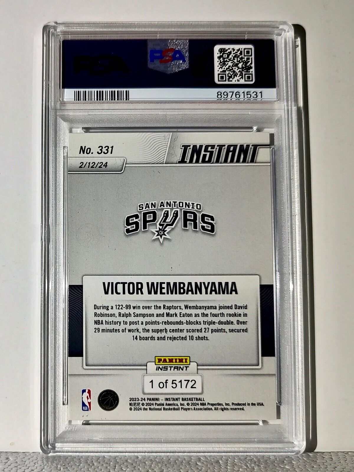 Victor Wembanyama 2023-24 Panini #331 NBA Rookie Card 1 of 5172 PSA 9 MINT