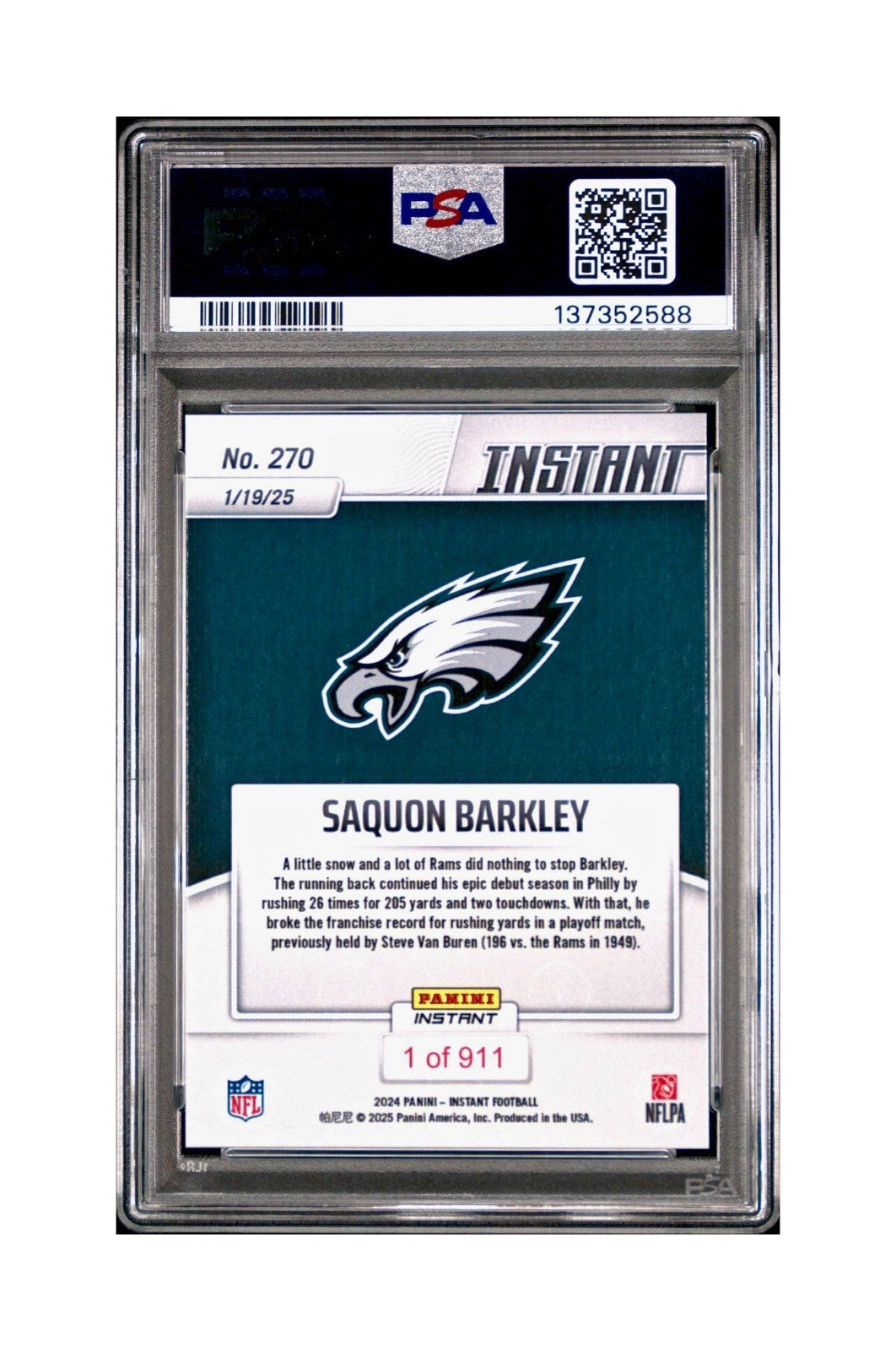 Saquon Barkley 2024 Panini Record Breaker NFL #270 Philadelphia Eagles PSA 10