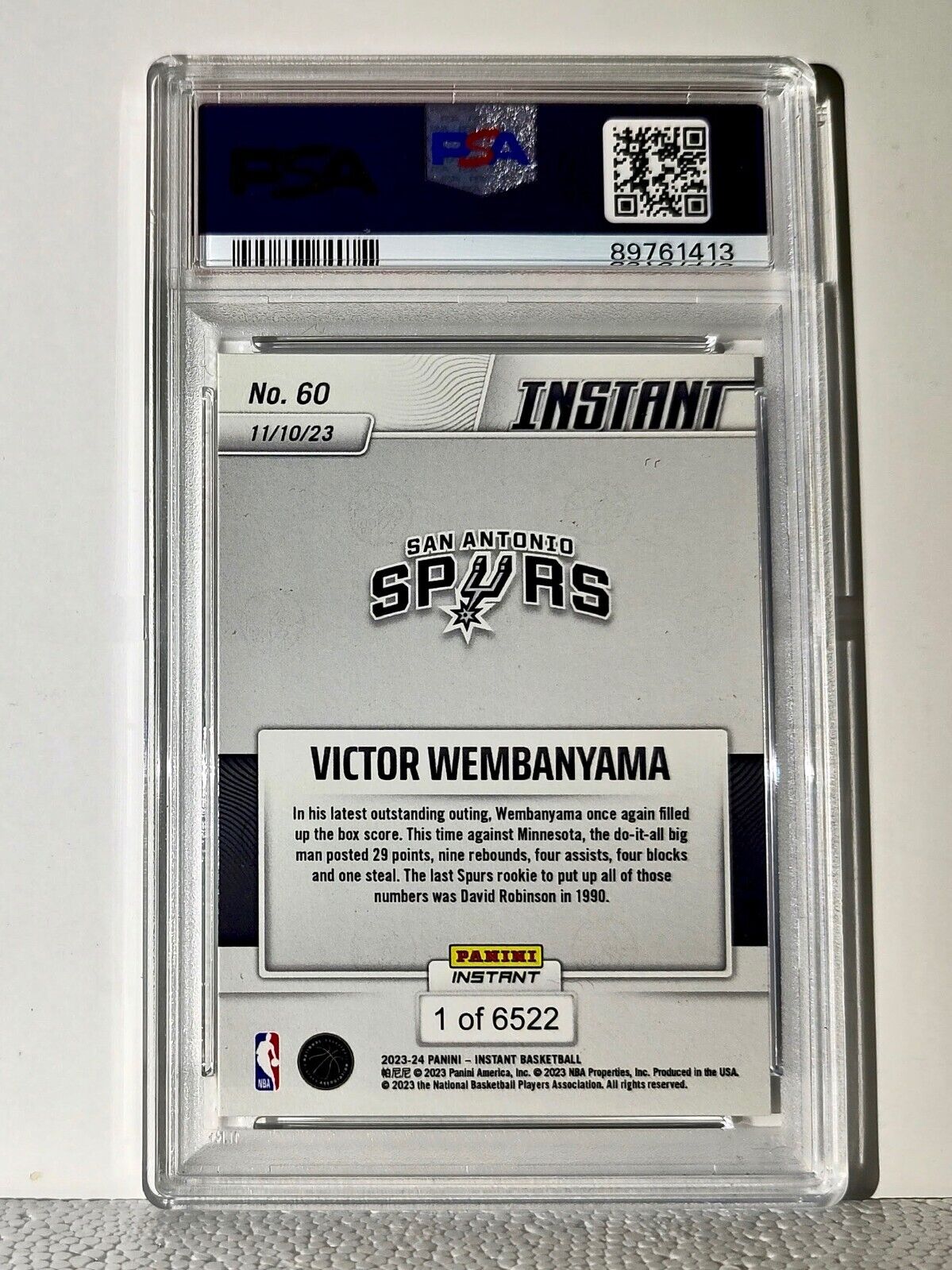 Victor Wembanyama 2023-24 Panini #60 NBA Rookie Card Spurs 1 of 6522 PSA 8 NM-MT