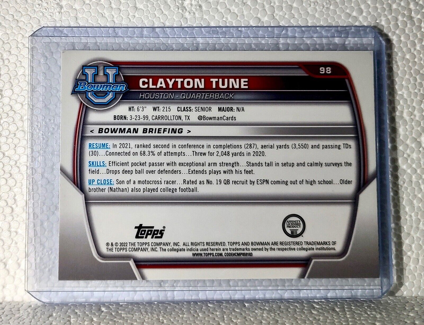 Clayton Tune 2022 Topps 1st Bowman U Football #98 Card Houston