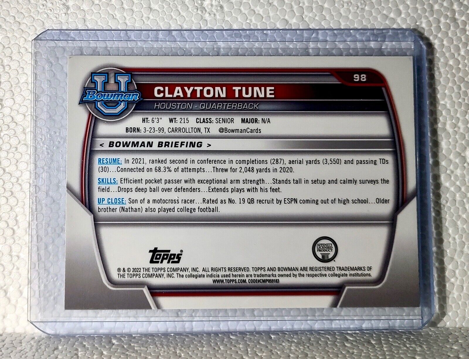 Clayton Tune 2022 Topps 1st Bowman U Football #98 Card Houston