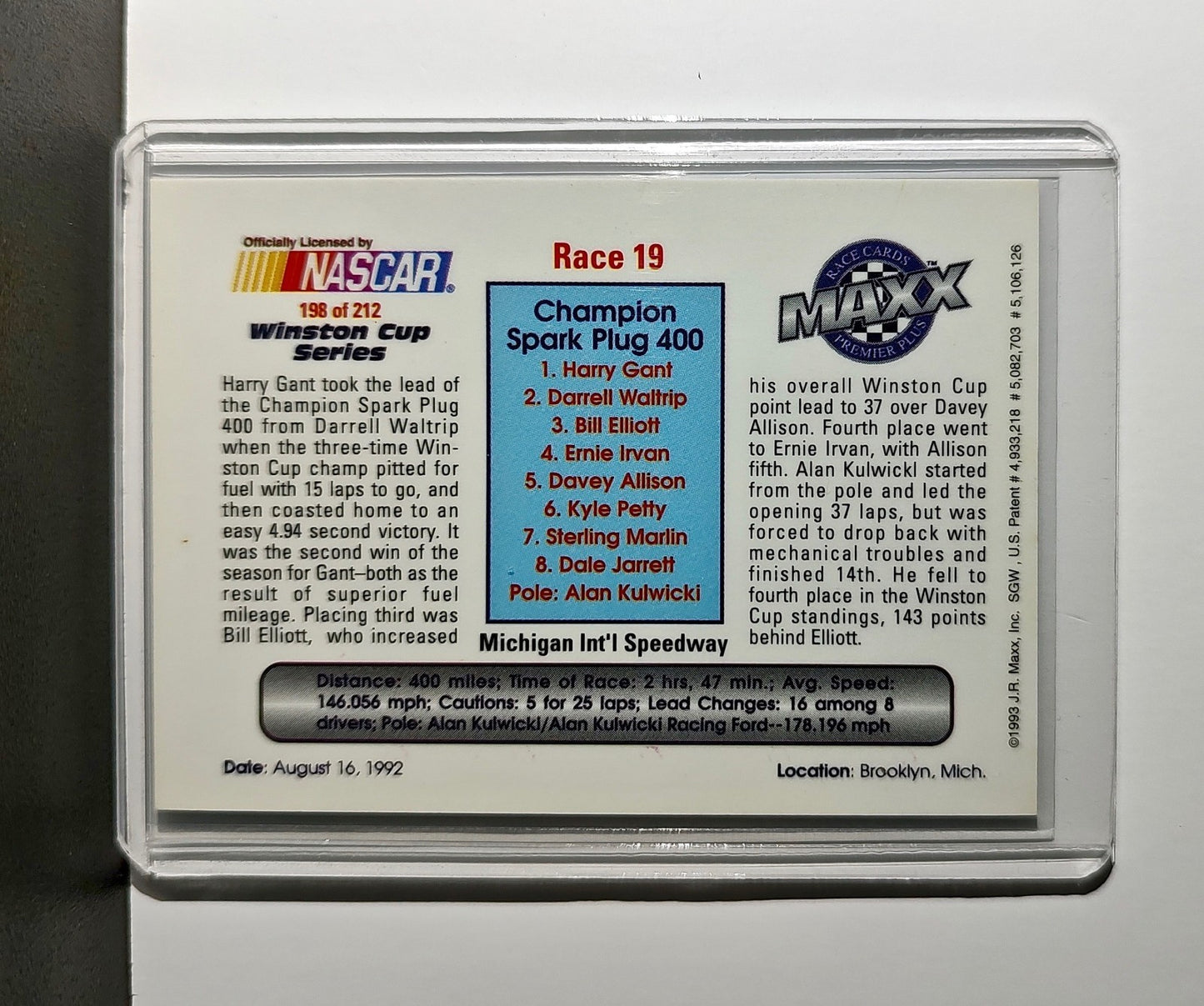 Race 19 Michigan YR 1993 Maxx Premier Plus Racing #198 NASCAR Card