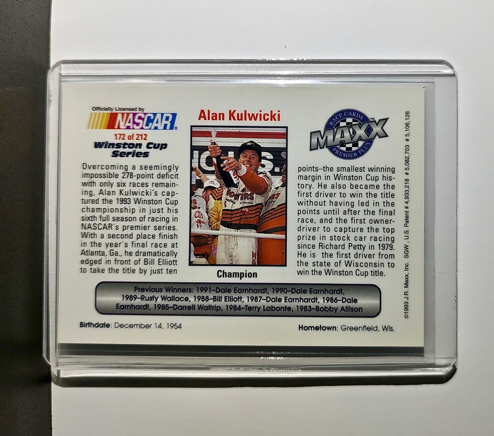 Winston Cup Champion 1993 Maxx Premier Plus Racing #172 NASCAR Card AK Racing