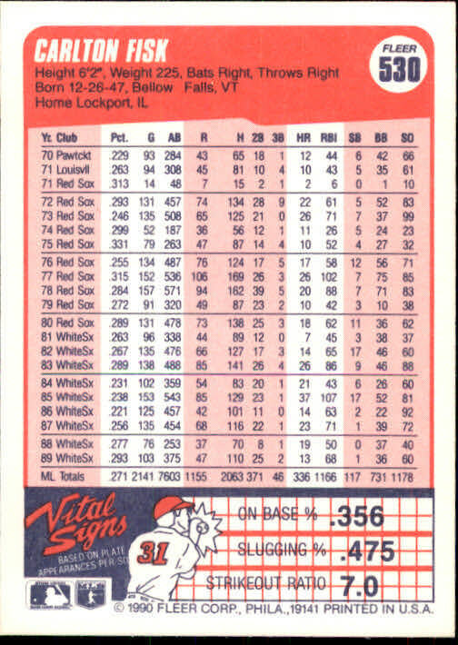 1990 Carlton Fisk Fleer Baseball Card #530