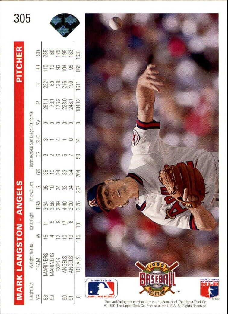 Mark Langston 1992 Upper Deck MLB #305 Baseball Card California Angels