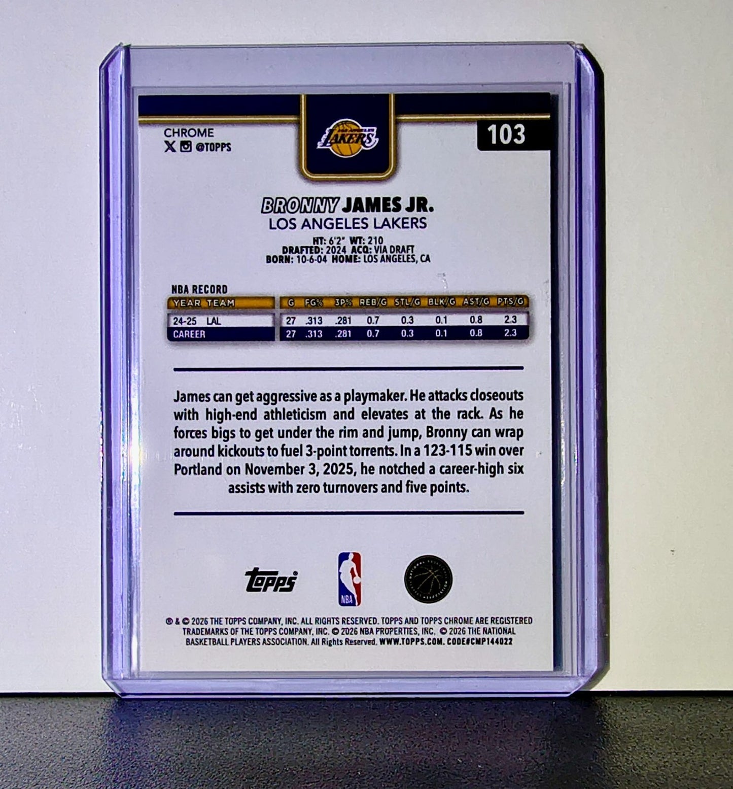 Bronny James Jr. 2025-26 NBA Topps Chrome Update #103 Card Los Angeles Lakers