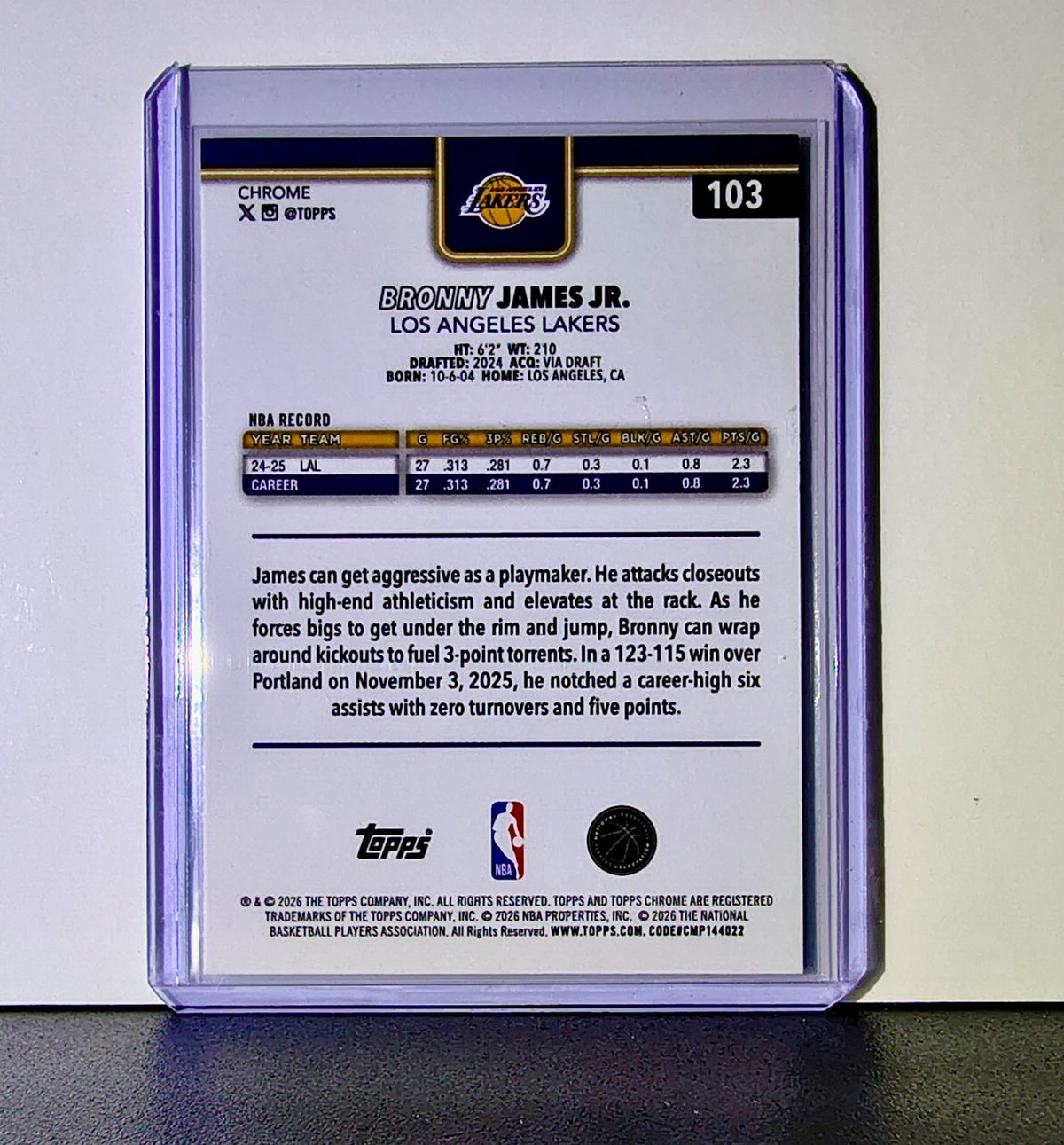 Bronny James Jr. 2025-26 NBA Topps Chrome Update #103 Card Los Angeles Lakers