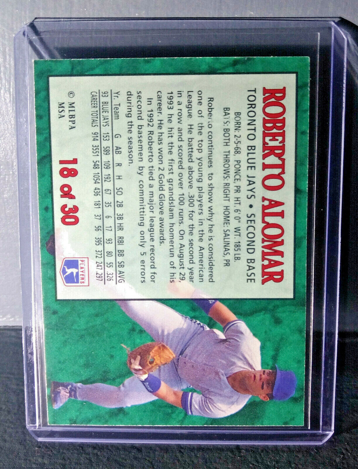 1994 Roberto Alomar Post Collection #18 Baseball Card Toronto Blue Jays