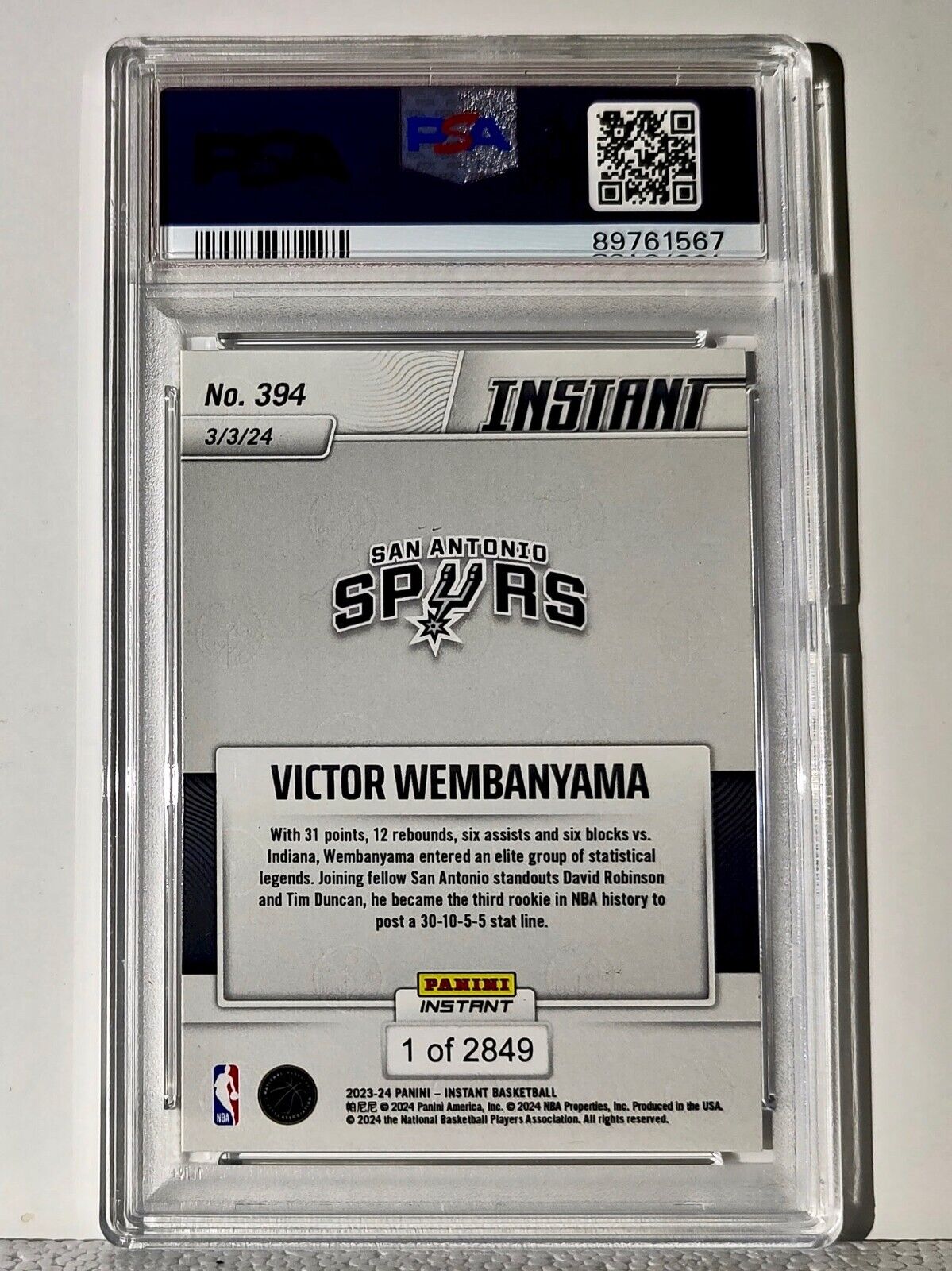 Victor Wembanyama 2023-24 Panini #394 NBA Rookie Card 1 of 2849 PSA 9 MINT