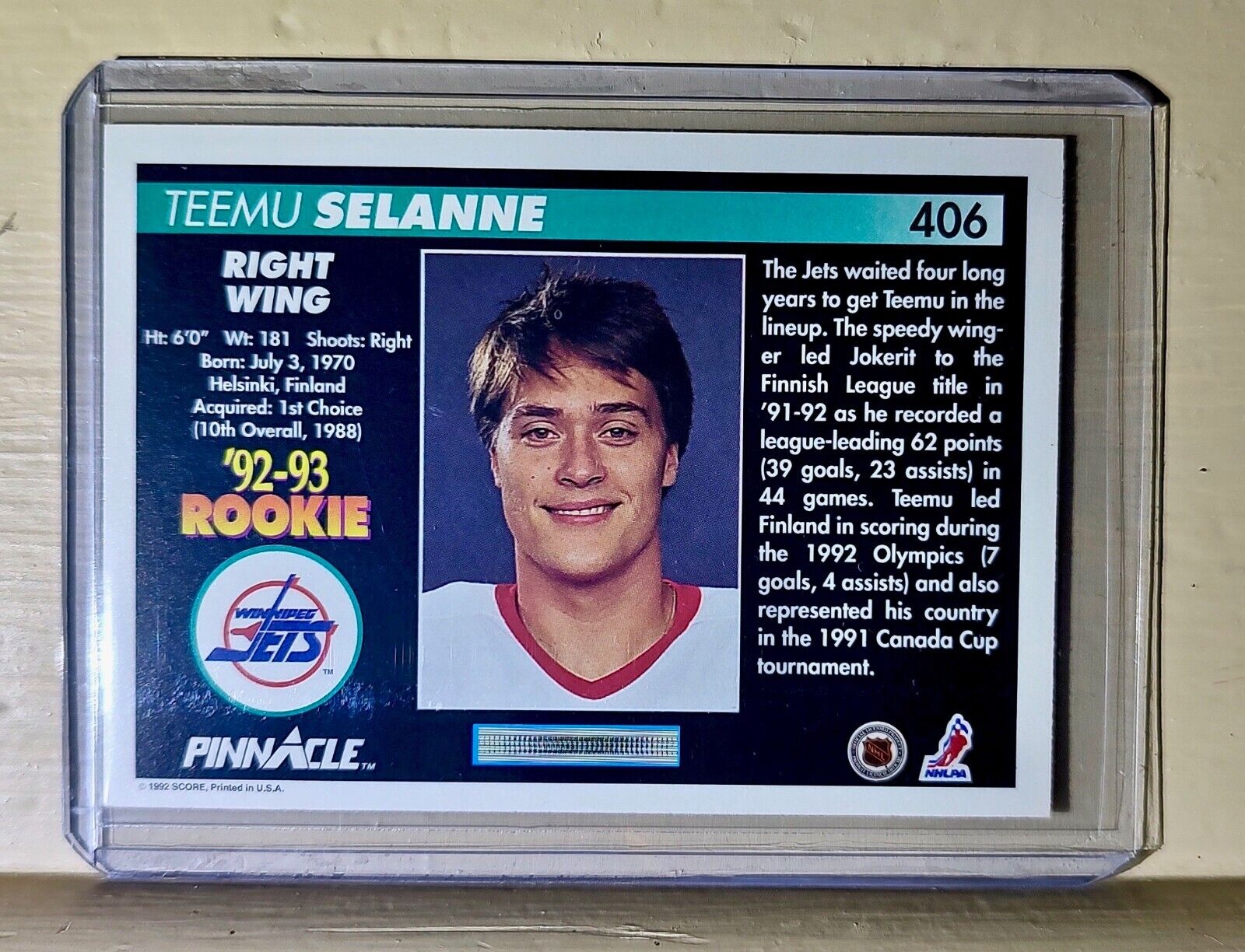 Teemu Selanne 1992-93 Score Pinnacle #406 Hockey Card Winnipeg Jets