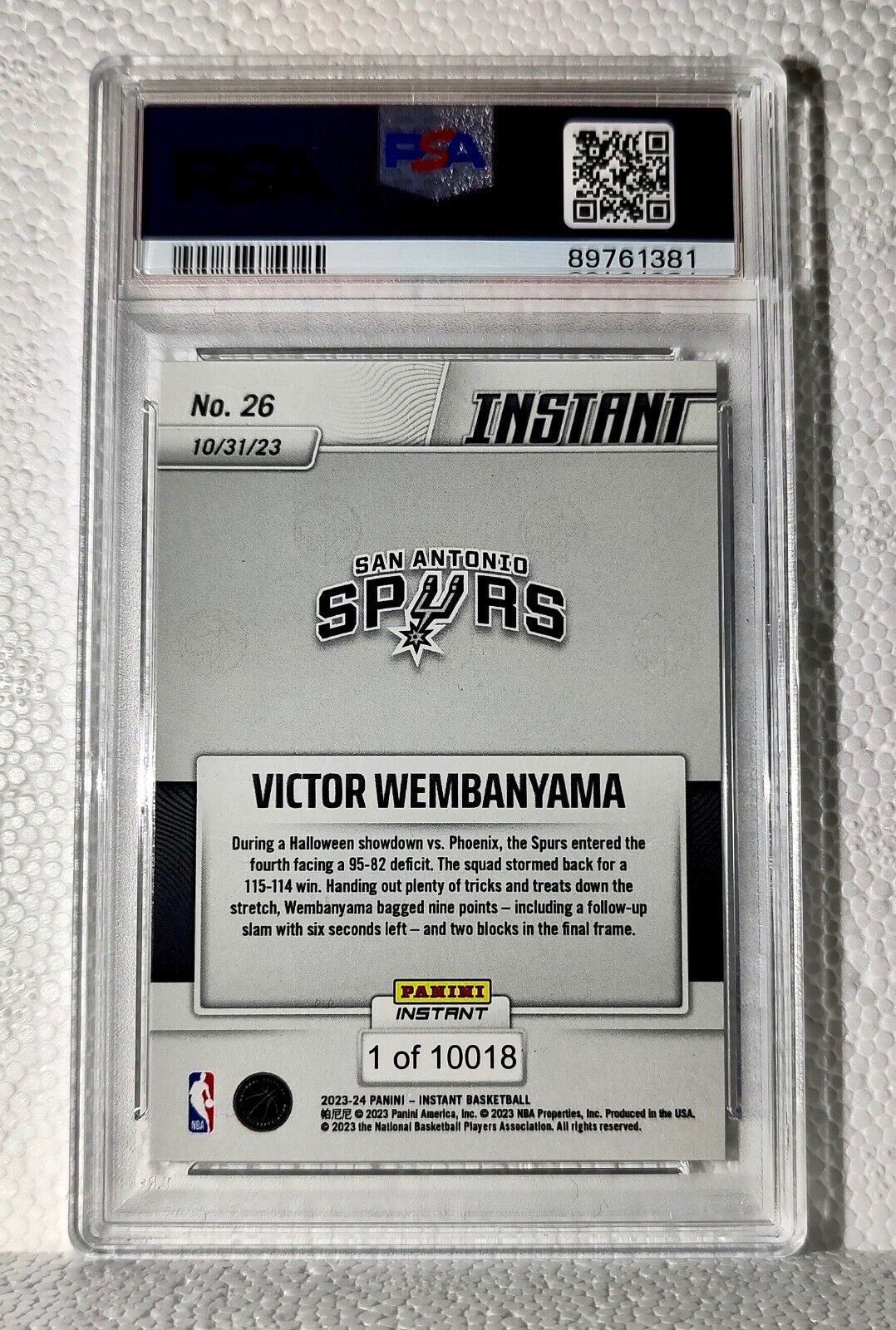 Victor Wembanyama 2023-24 Panini #26 NBA Rookie Card Spurs 1 of 10018 PSA 8 NM-M