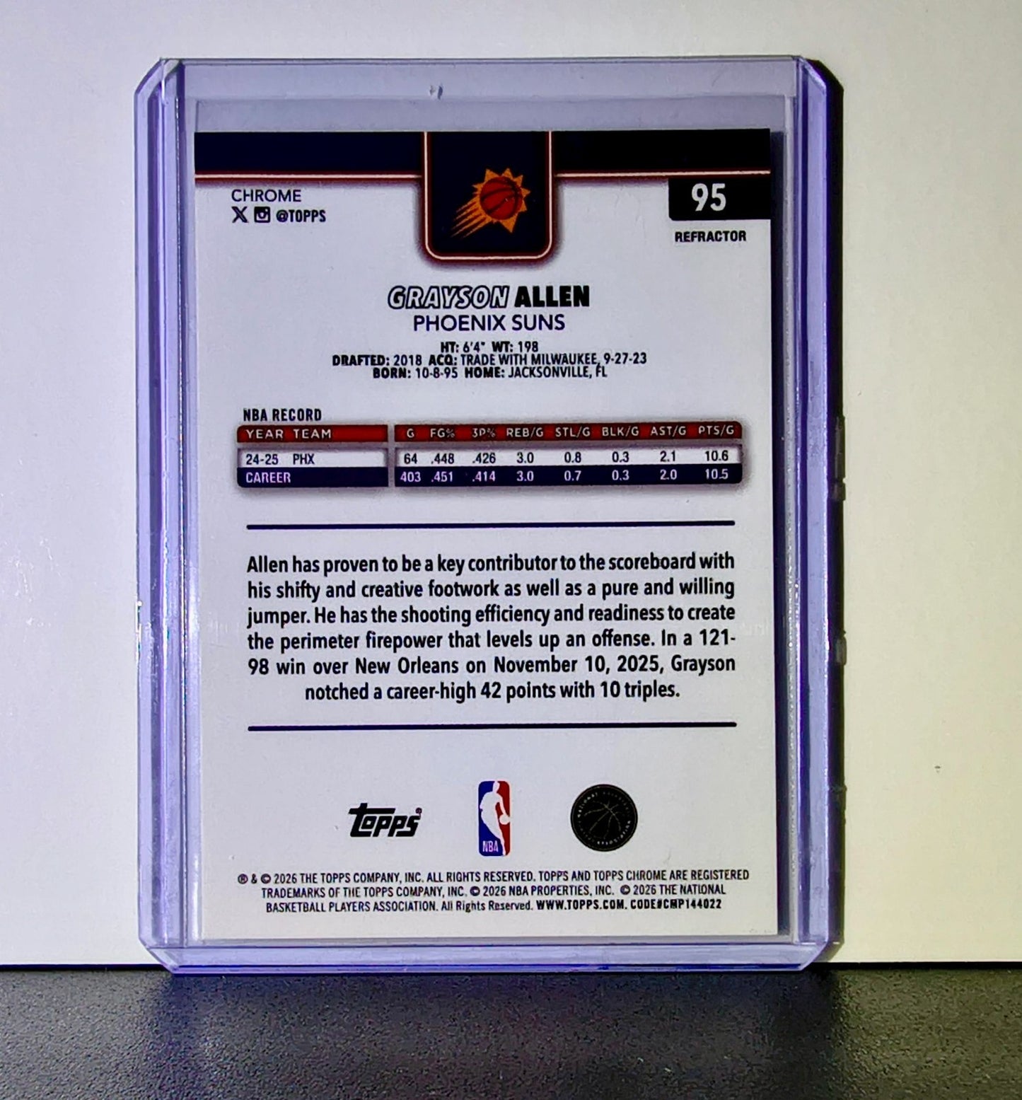 Grayson Allen 2025-26 NBA Topps Chrome Update Refractor #95 Card Phoenix Suns