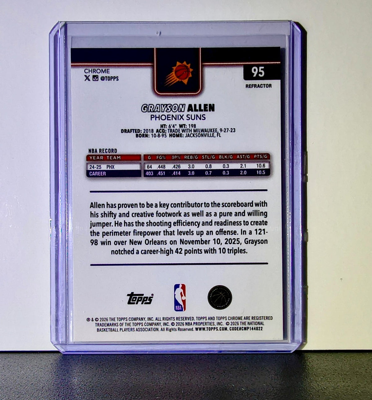Grayson Allen 2025-26 NBA Topps Chrome Update Refractor #95 Card Phoenix Suns