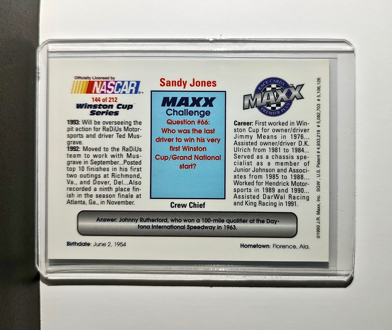 Sandy Jones 1993 Maxx Premier Plus Racing #144 NASCAR Card RaDiUs Motorsports