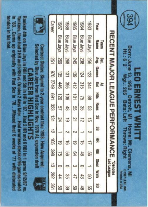 1988 Ernie Whitt Donruss Baseball Card #394