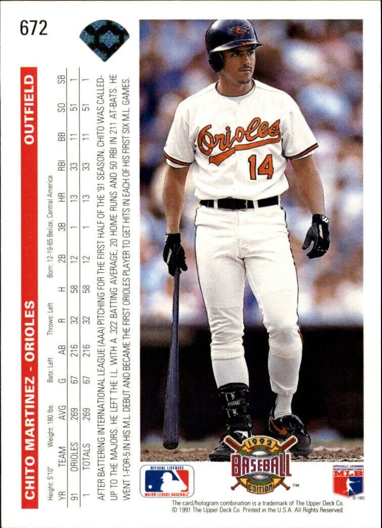 Chito Martinez 1992 Upper Deck MLB #672 Baseball Card Baltimore Orioles