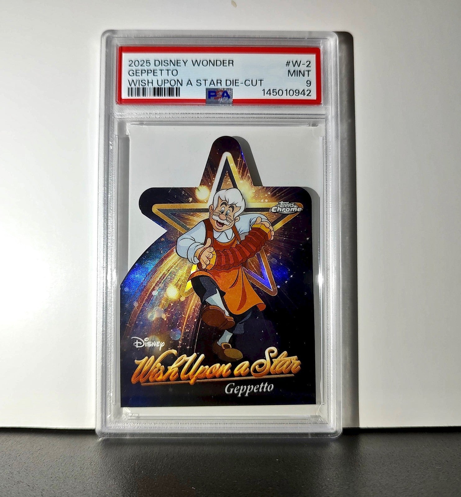 Geppetto 2025 Topps Chrome Disney #W-2 Wish Upon A Star Die Cut Pinocchio PSA 9