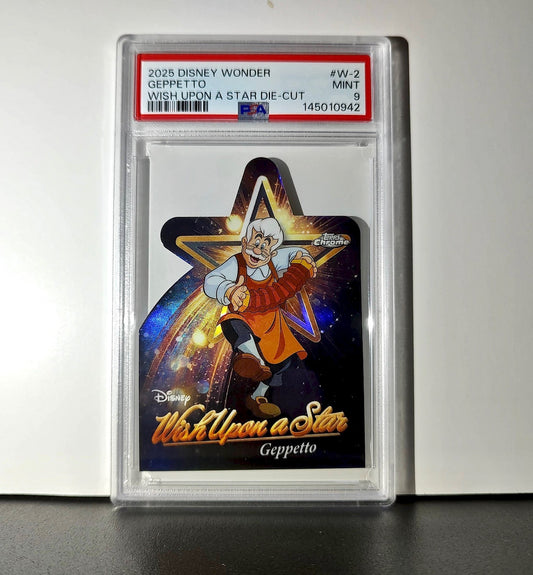 Geppetto 2025 Topps Chrome Disney #W-2 Wish Upon A Star Die Cut Pinocchio PSA 9