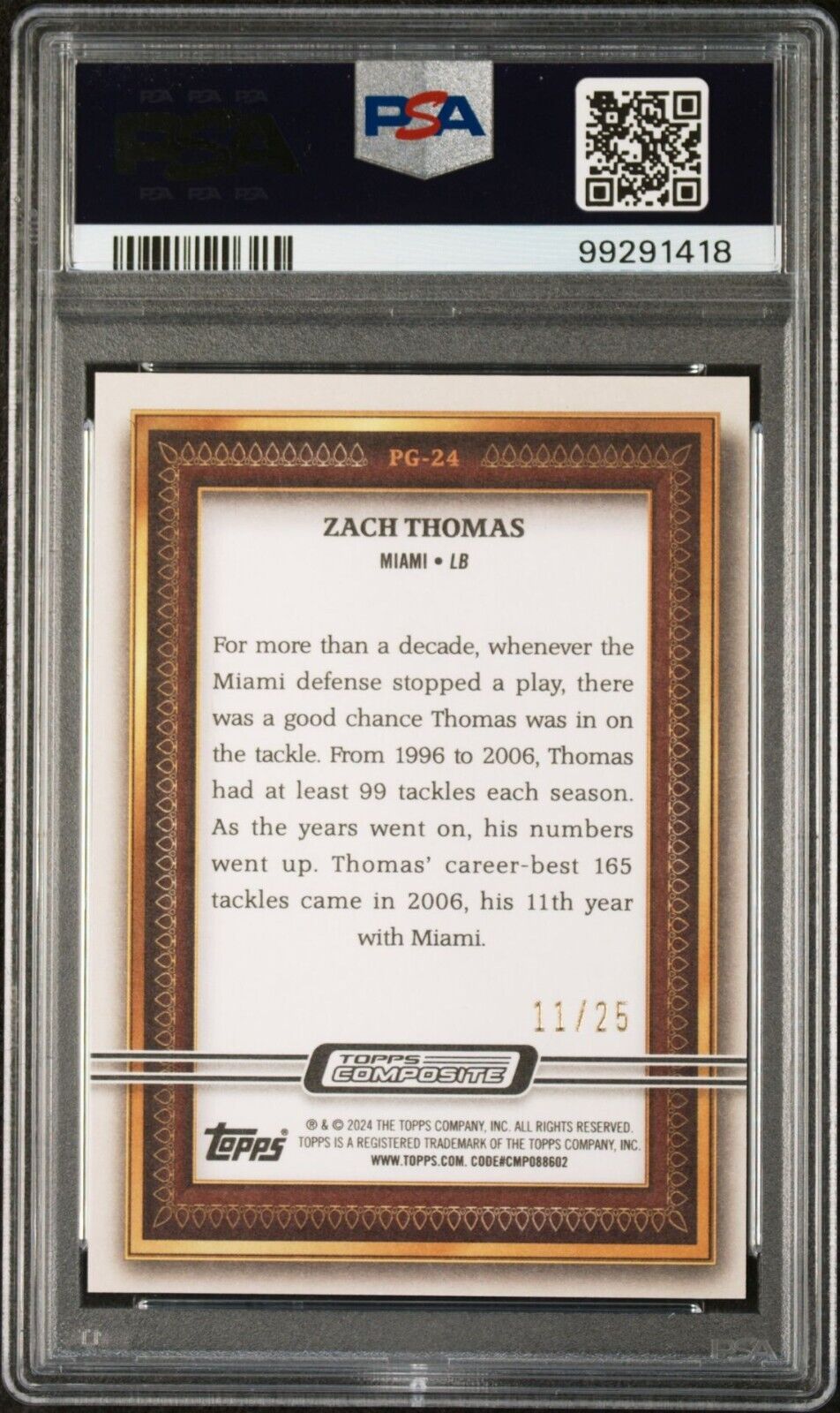 Zach Thomas 2023 Topps Portrait Gallery NFL #PG-24 Orange 11/25 Card PSA 10 Gem