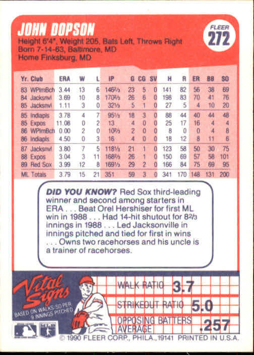 1990 John Dopson Fleer Baseball Card #272