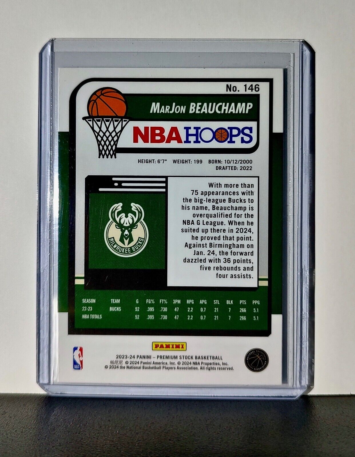 MarJon Beauchamp 2023-24 Panini Premium Stock NBA Hoops #146 Card Bucks