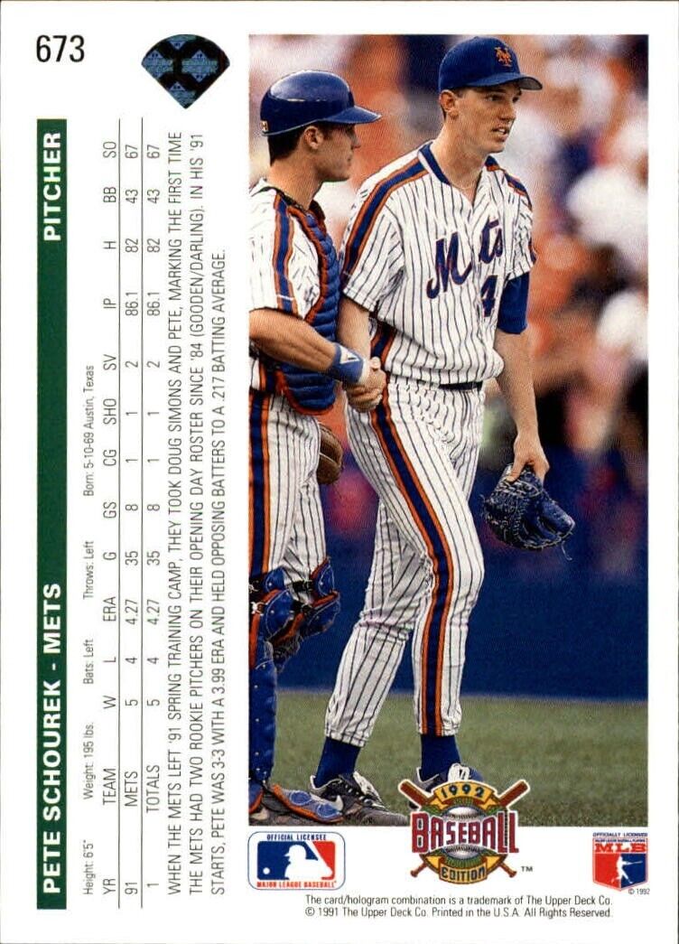 Pete Schourek 1992 Upper Deck MLB #673 Baseball Card New York Mets