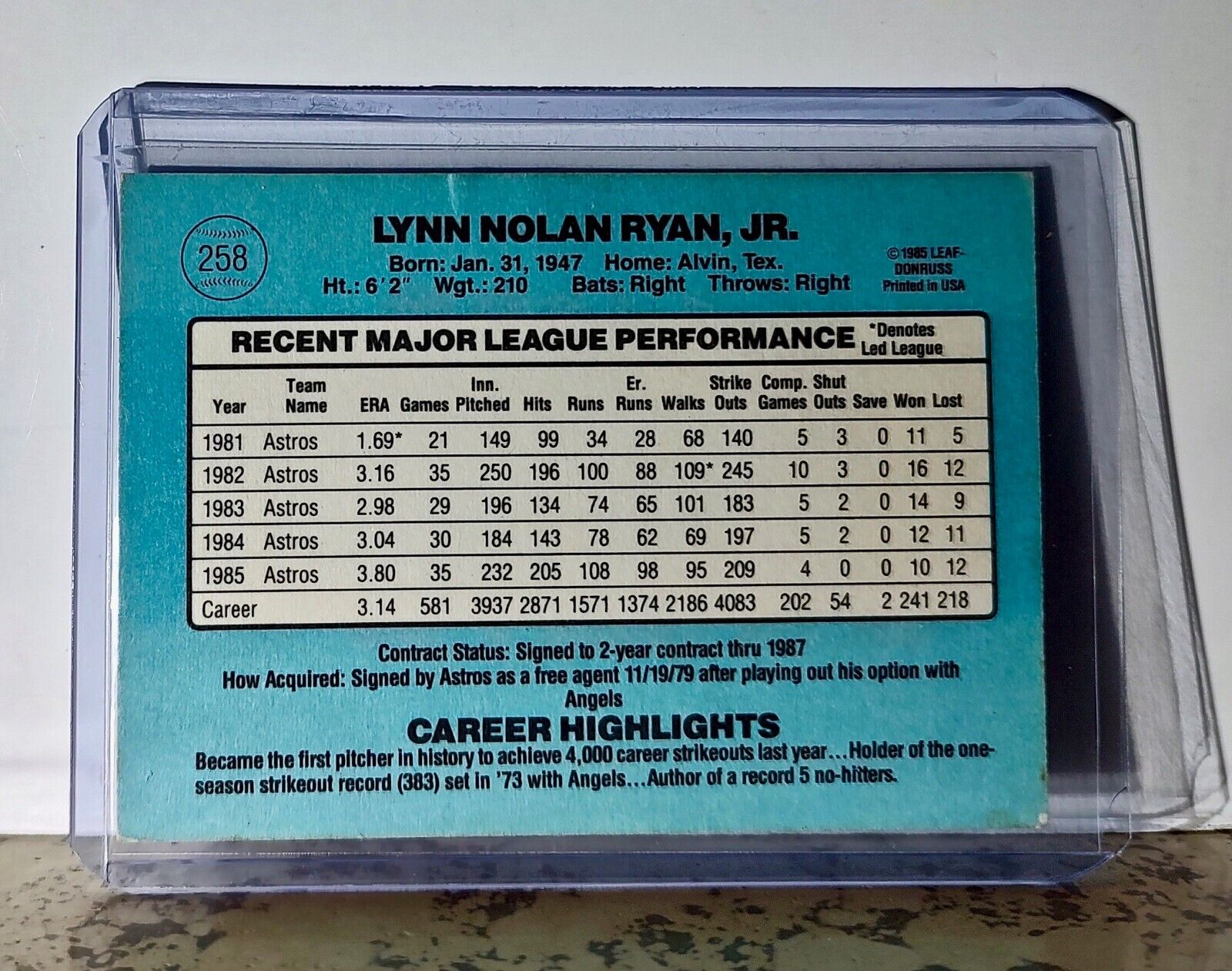 Nolan Ryan 1986 Donruss MLB #258 Baseball Card Houston Astros