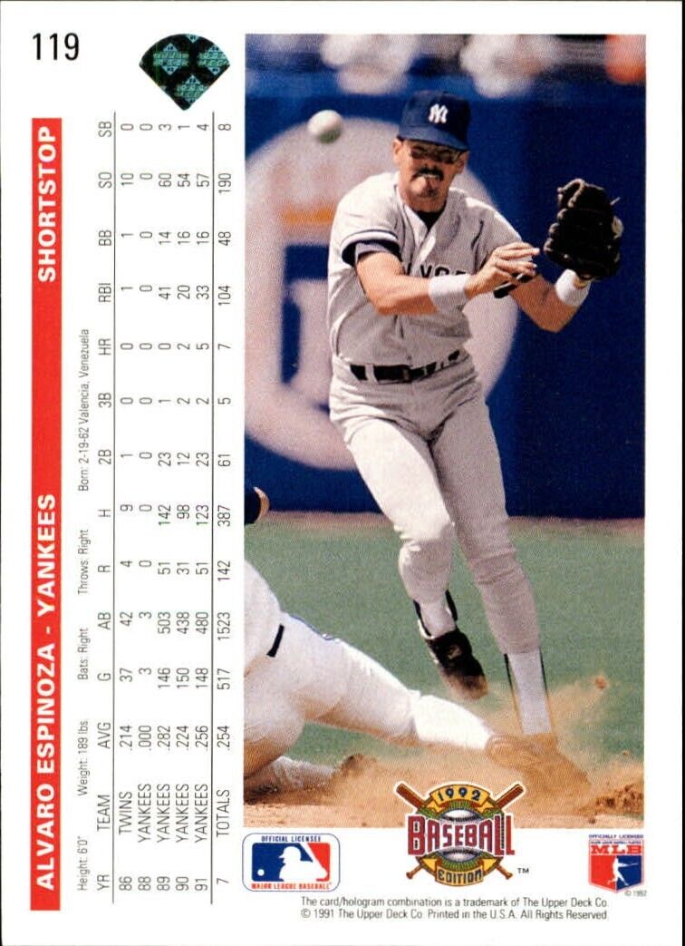 Alvaro Espinoza 1992 Upper Deck MLB #119 Baseball Card New York Yankees