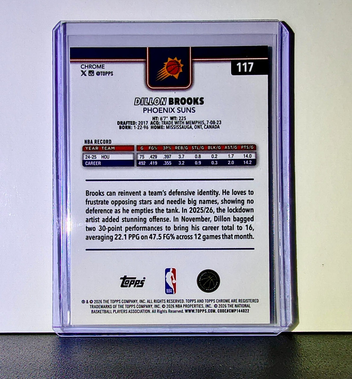 Dillon Brooks 2025-26 NBA Topps Chrome Update #117 Basketball Card Phoenix Suns