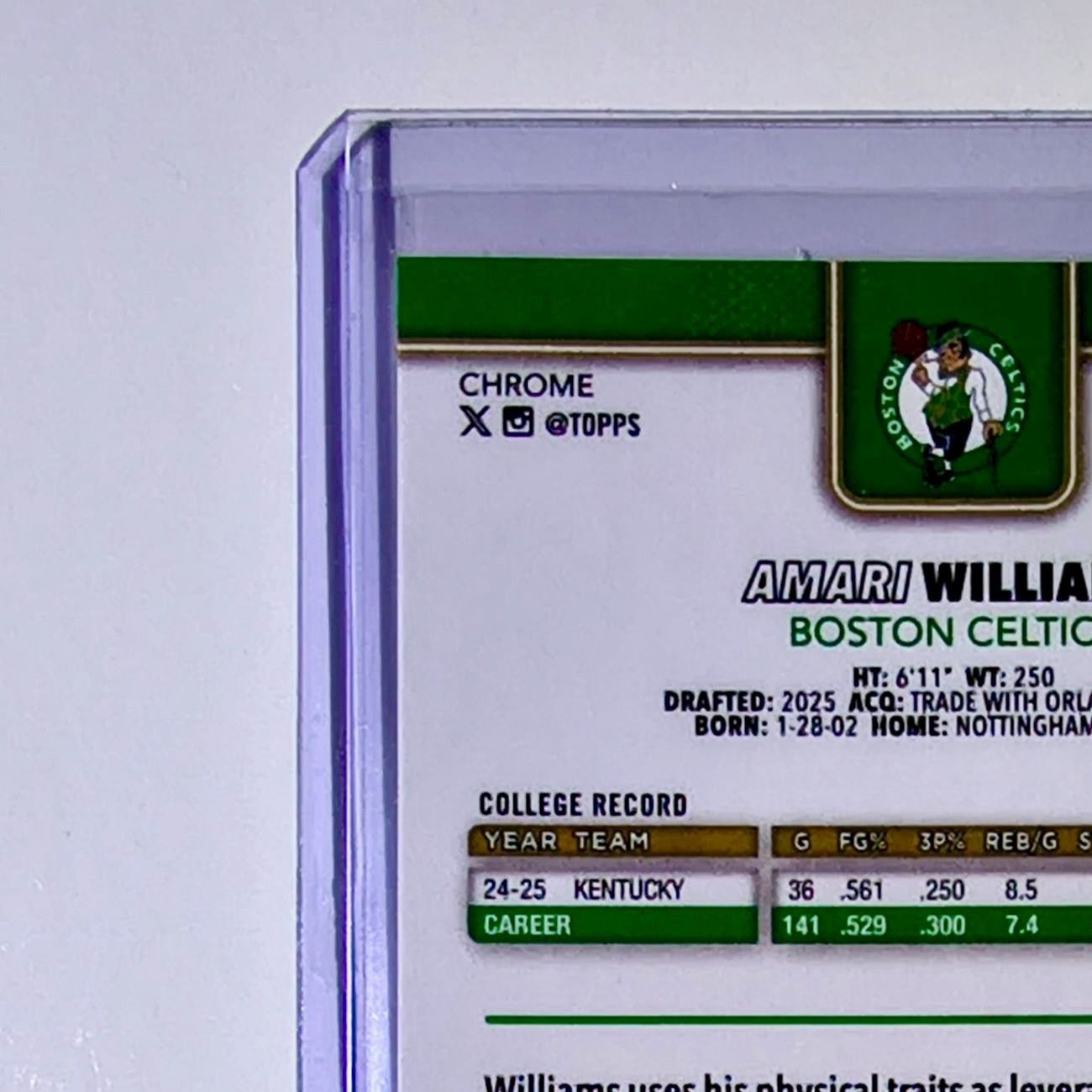 Amari Williams Rookie 2025-26 NBA Topps Chrome Update #197 Card Boston Celtics