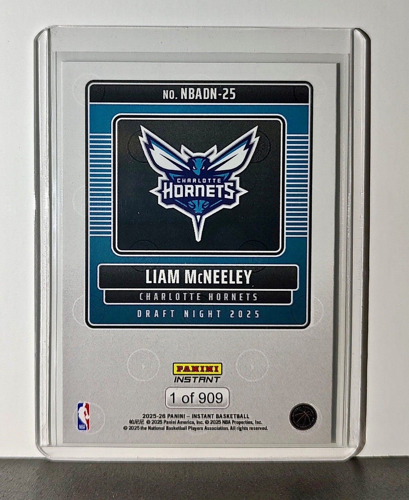 Liam McNeeley Rookie 2025-26 Panini NBA #25 Draft Night Card Charlotte Hornets