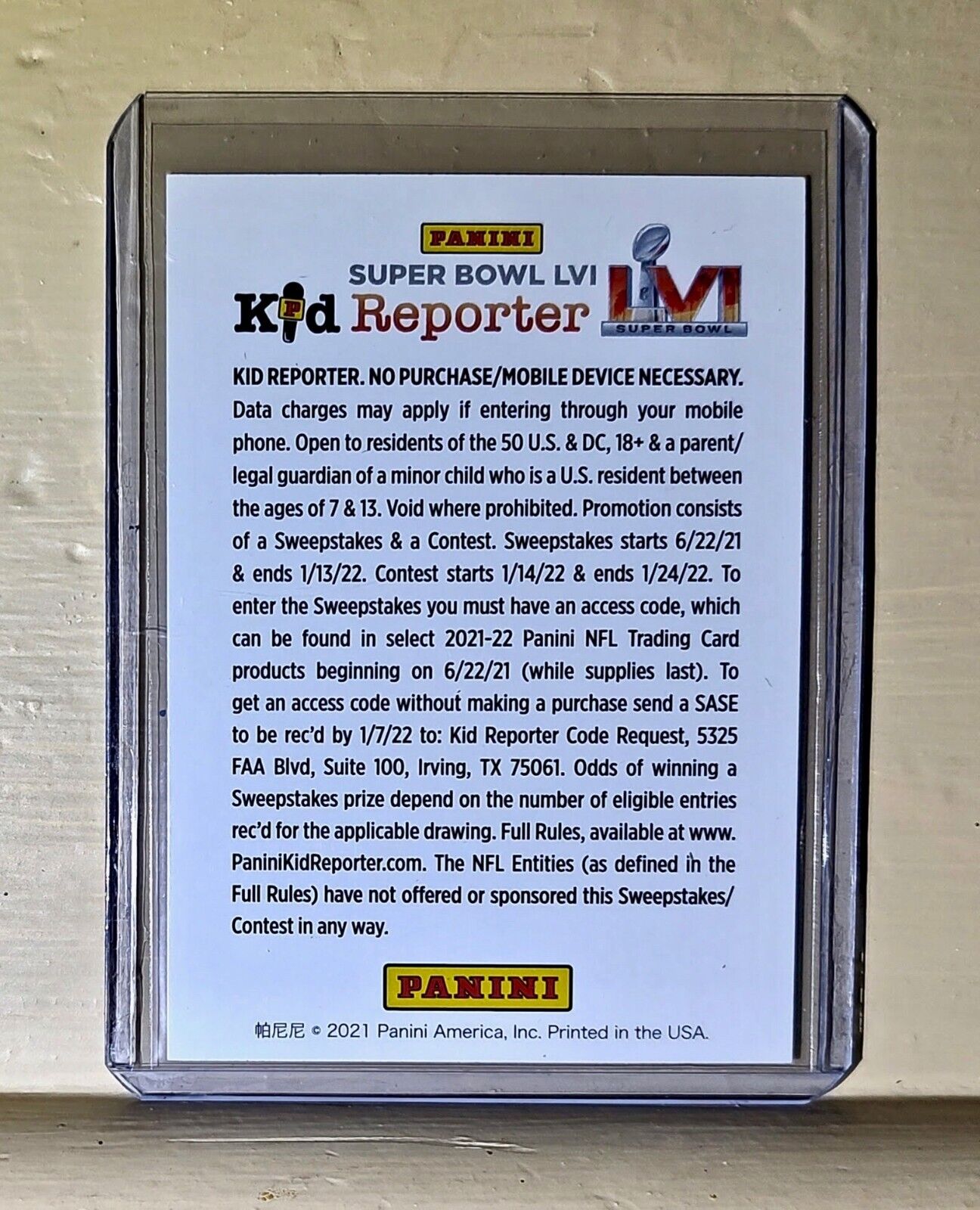 Superbowl LVI Kid Reporter 2021 Panini Special Collectors Card