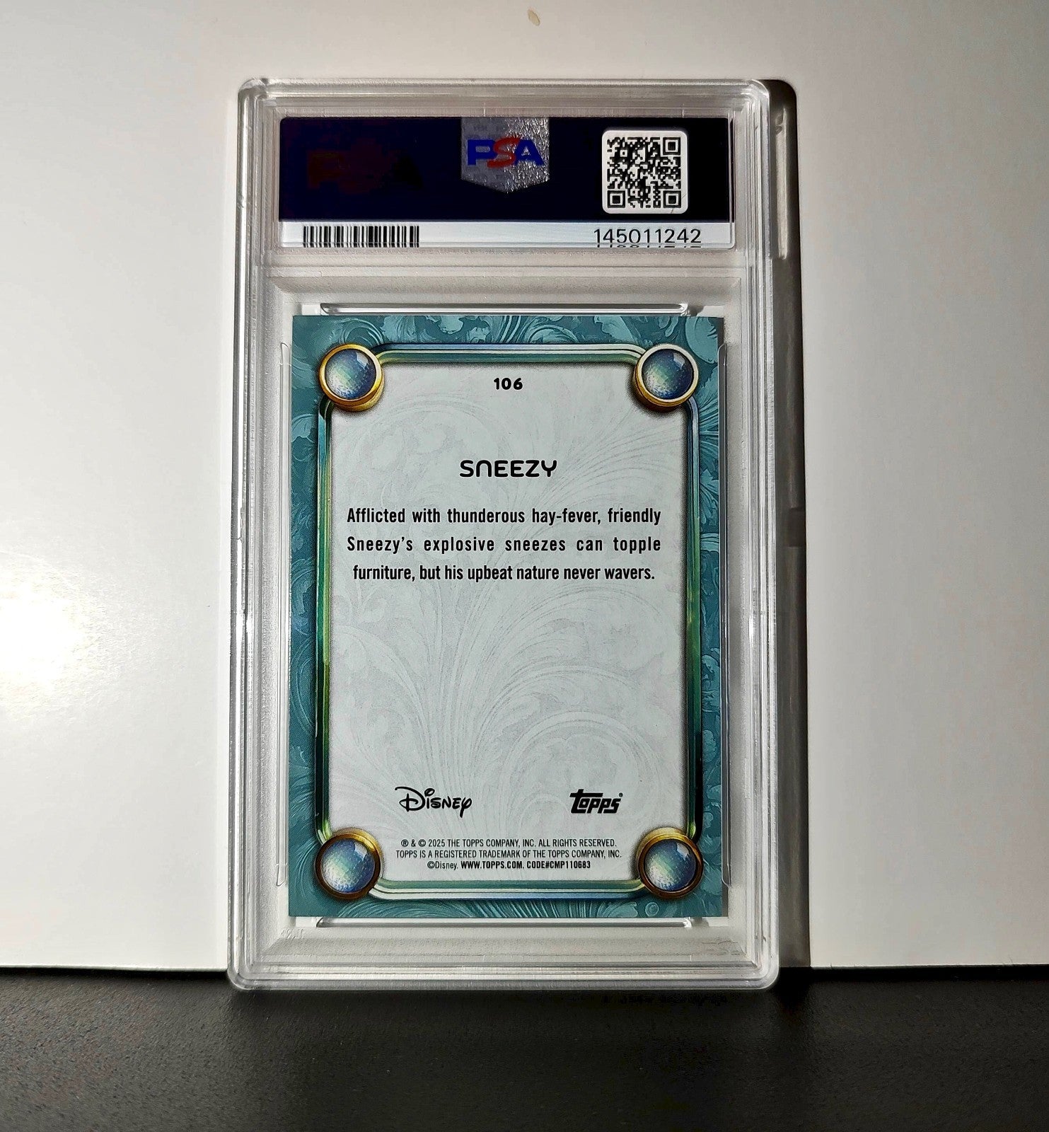 Sneezy 2025 Topps Disney #106 Diamond Card Snow White and the Seven Dwarfs PSA 9