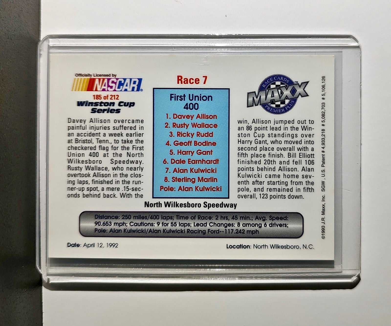 Race 7 North Wilkesboro YR 1993 Maxx Premier Plus Racing #185 NASCAR Card