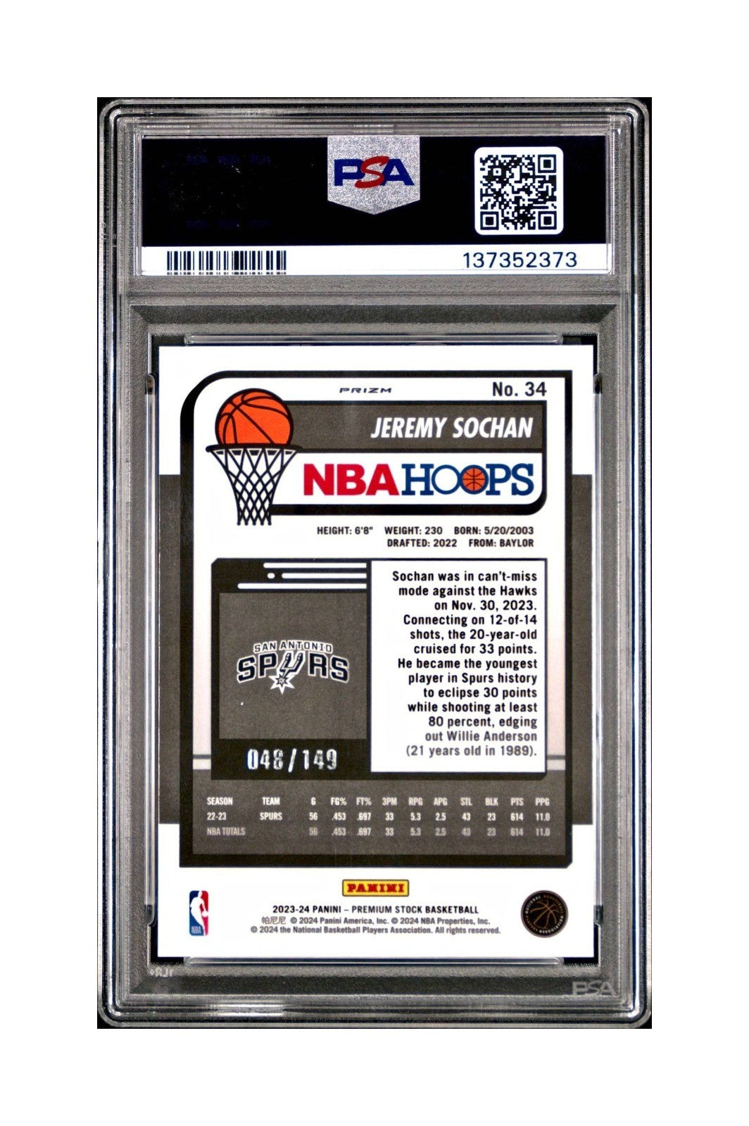 Jeremy Sochan 2023 Panini Hoops Premium #34 48/149 Red Disco Prizm PSA 10 Gem